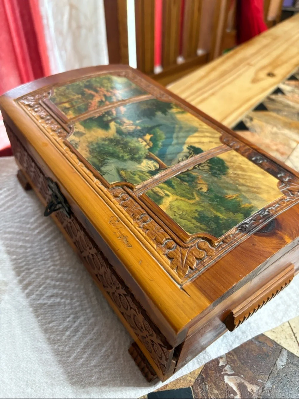Vintage Hand-Carved Wooden Jewelry Box with Scenic Inlay - Brown & Green
